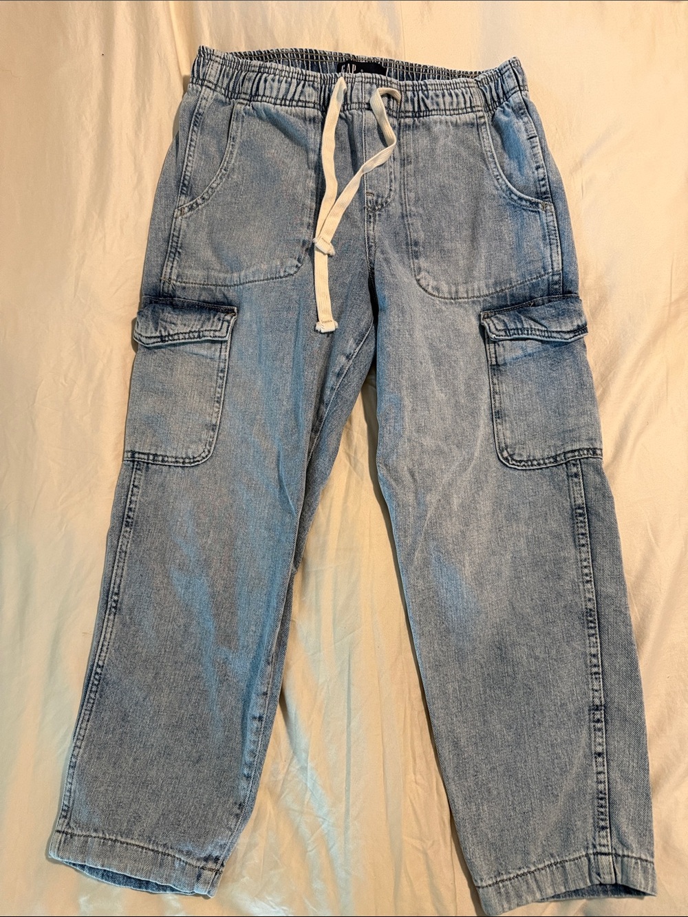 Light Wash Denim Cargo Cropped - Drawstring Waist